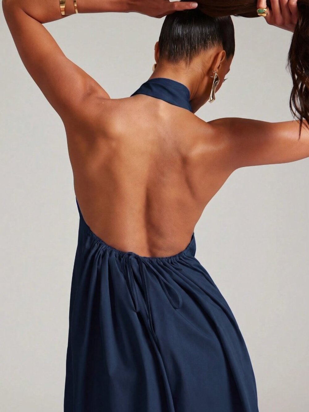 Navy Blue Elegant Women's Halter Neck Backless Ruched Casual Party Dress - Picture 6 of 6